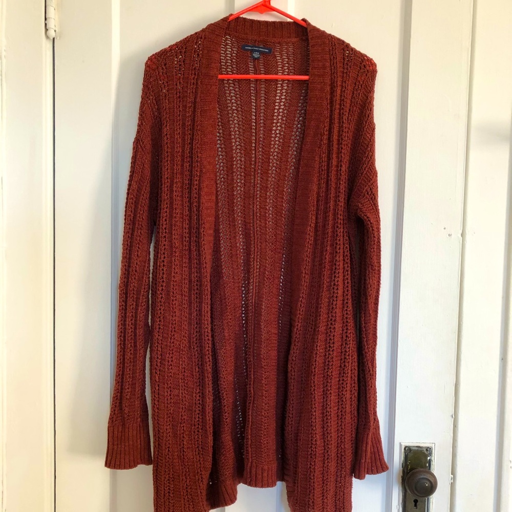 Red long cardigan.